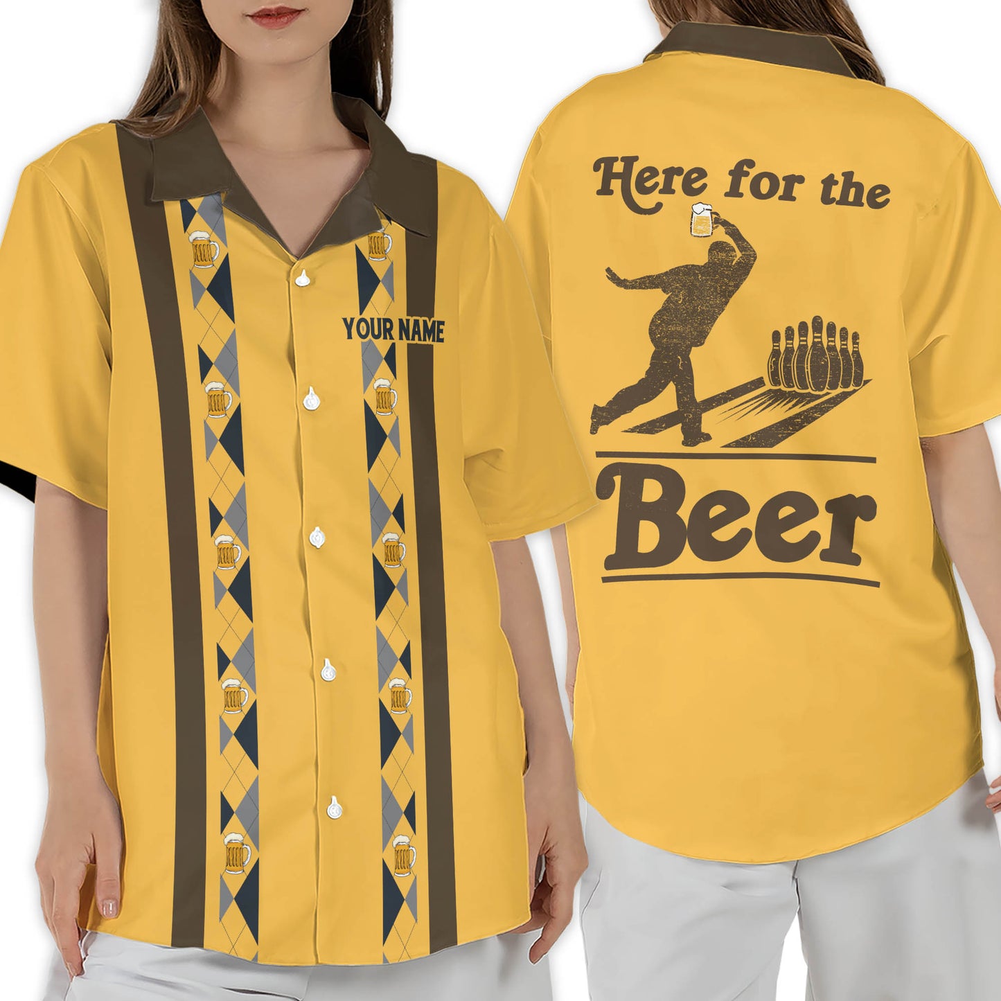 Custom Here For The Beer Bowling Hawaiian Shirt For Men, Custom Yellow Vintage Beer Bowling Shirt BZ0010