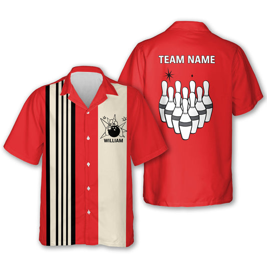 Custom Vintage Bowling Hawaiian Shirt For Men, Custom Team Red Bowling Shirt Vintage BZ0017