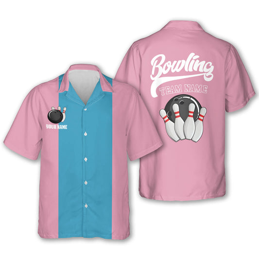 Custom Ladies Bowling Shirt, Custom Pink And Blue Vintage Bowling Hawaiian Shirt For Women, Custom Team Vintage Women's Bowling Shirt BZ0019