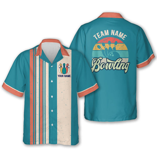 Custom Vintage Bowling Hawaiian Shirt For Men, Custom Teal Bowling Team Shirt Vintage BZ0021