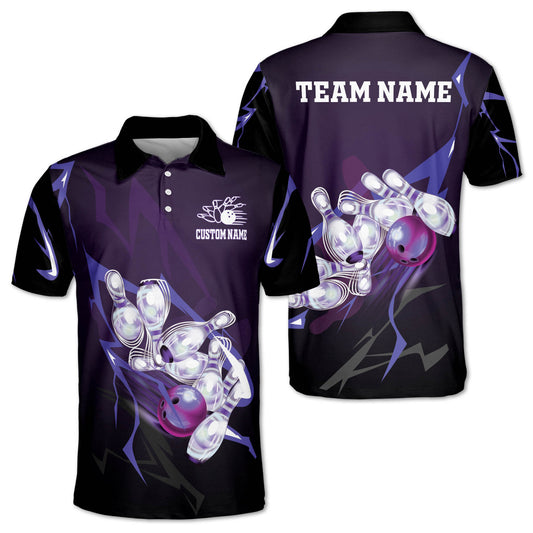 Custom Team Black And Purple Lightning Bowling Polo Shirt For Men, Custom Bowling Shirt BZ0022