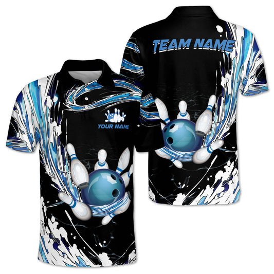 Custom Team Black And Blue Bowling Polo Shirt For Men, Custom Team Bowling Shirt BZ0026