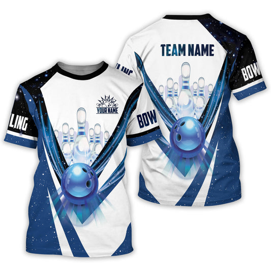 Custom White And Blue Team Bowling T Shirt For Men, Custom Bowling Team Shirts BZ0038