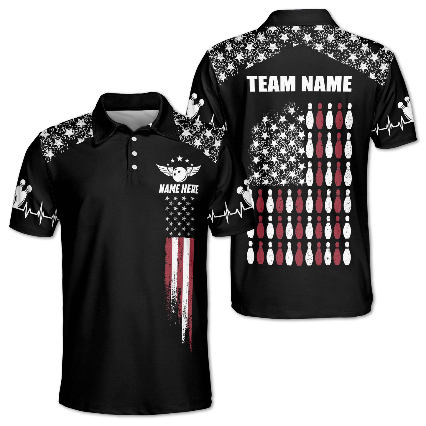 Custom American Flag Bowling Polo Shirt For Men, Custom Black Patriotic Bowling Team Shirts BZ0049