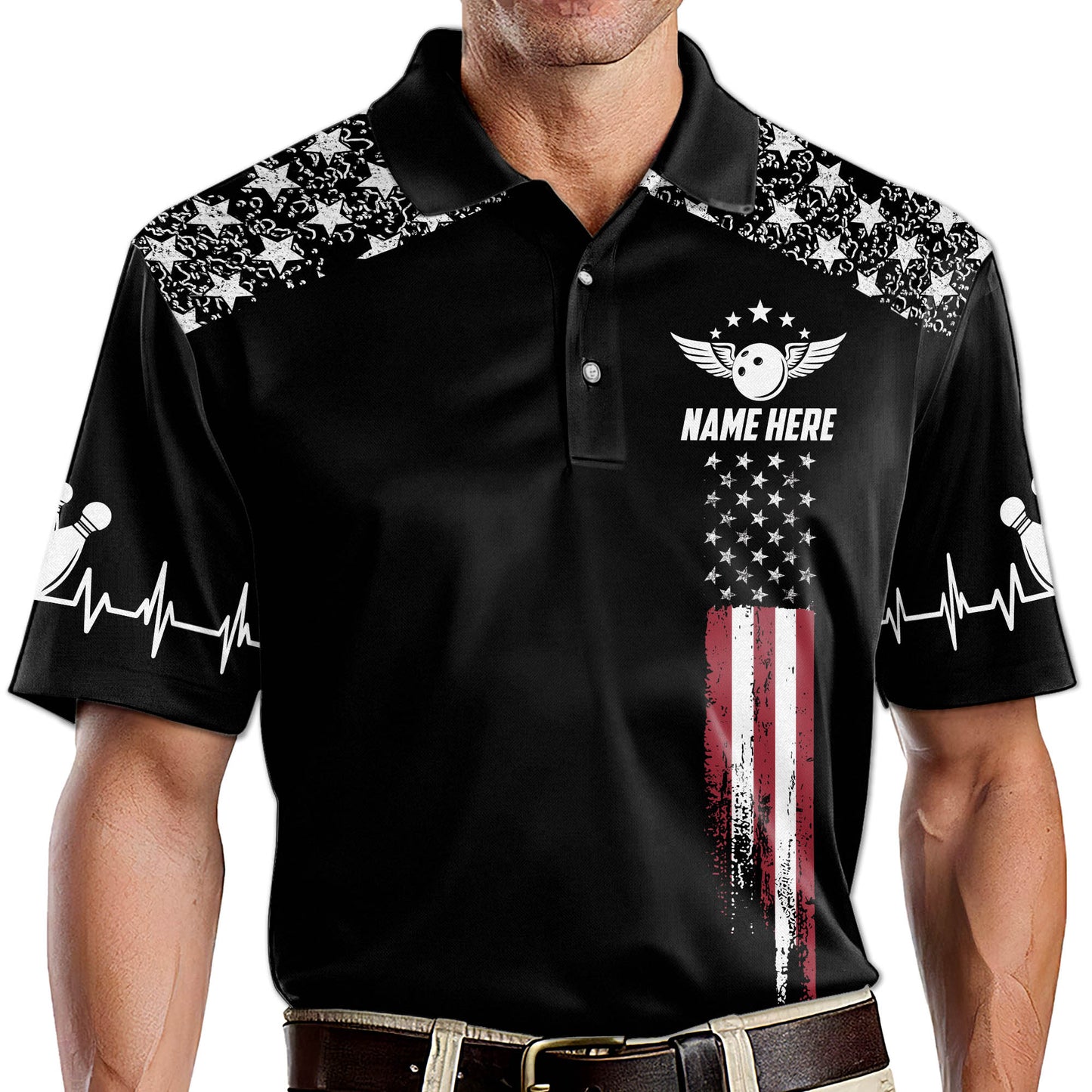 Custom American Flag Bowling Polo Shirt For Men, Custom Black Patriotic Bowling Team Shirts BZ0049