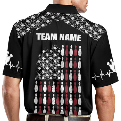 Custom American Flag Bowling Polo Shirt For Men, Custom Black Patriotic Bowling Team Shirts BZ0049