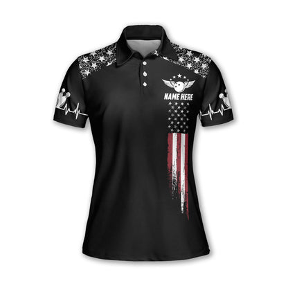 Custom American Flag Bowling Polo Shirt For Women, Custom Womens Black Patriotic Bowling Team Shirts BW0145