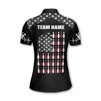 Custom American Flag Bowling Polo Shirt For Women, Custom Womens Black Patriotic Bowling Team Shirts BW0145