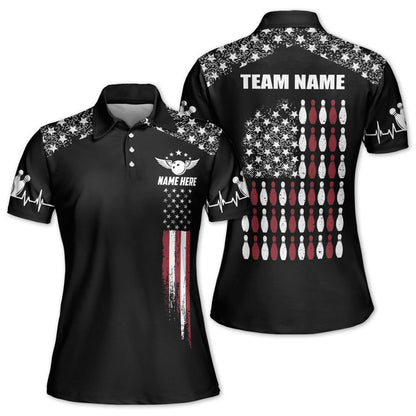 Custom American Flag Bowling Polo Shirt For Women, Custom Womens Black Patriotic Bowling Team Shirts BW0145