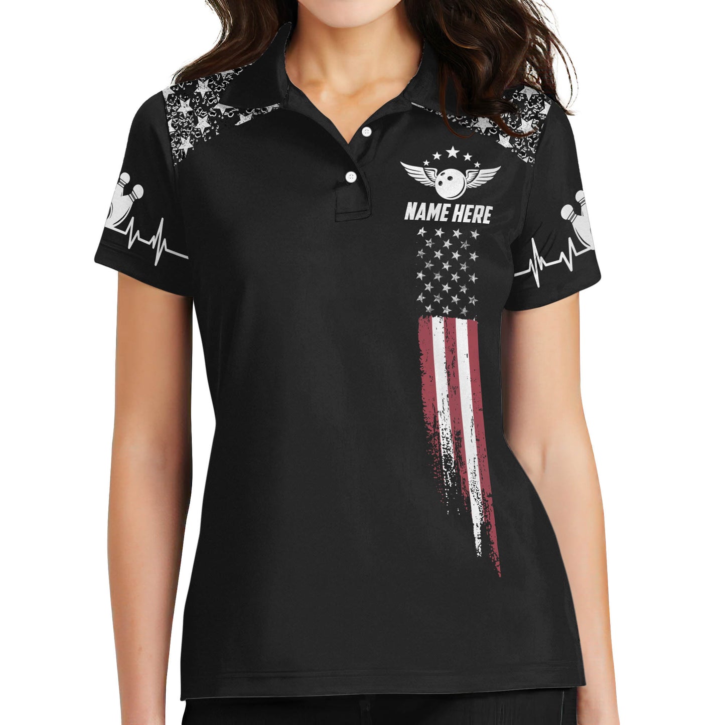 Custom American Flag Bowling Polo Shirt For Women, Custom Womens Black Patriotic Bowling Team Shirts BW0145