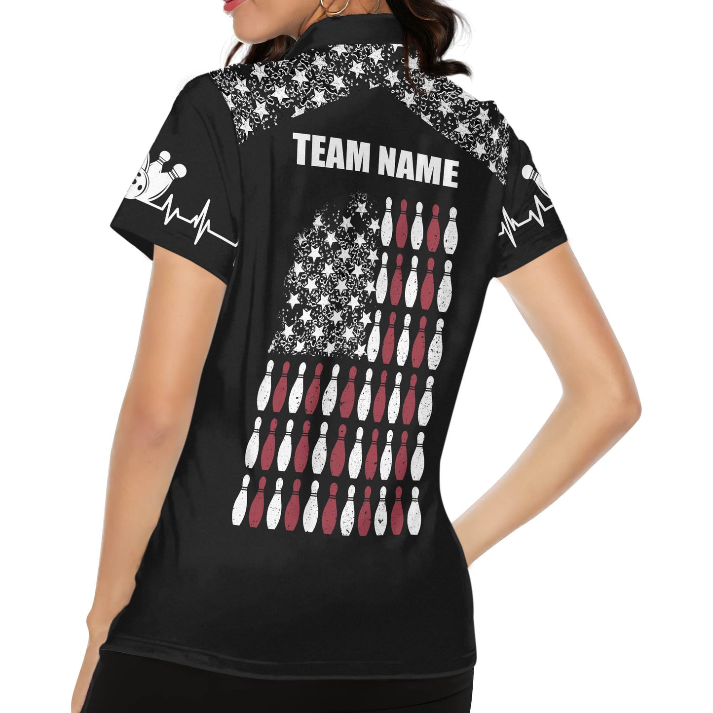 Custom American Flag Bowling Polo Shirt For Women, Custom Womens Black Patriotic Bowling Team Shirts BW0145