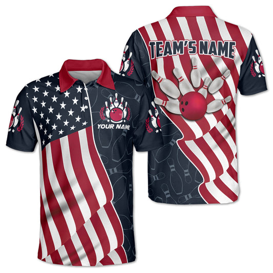 Custom American Flag Bowling Polo Shirt For Men, Custom Patriotic Bowling Team Shirts BZ0208