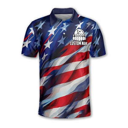 Custom American Flag Bowling Polo Shirt For Men, Custom Strike Patriotic Bowling Team Shirts BZ0050