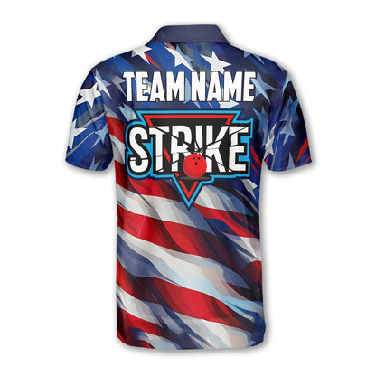 Custom American Flag Bowling Polo Shirt For Men, Custom Strike Patriotic Bowling Team Shirts BZ0050