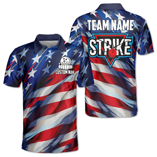 Custom American Flag Bowling Polo Shirt For Men, Custom Strike Patriotic Bowling Team Shirts BZ0050