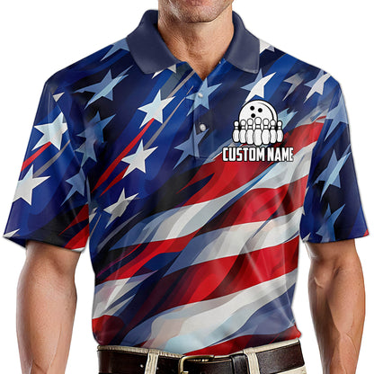 Custom American Flag Bowling Polo Shirt For Men, Custom Strike Patriotic Bowling Team Shirts BZ0050