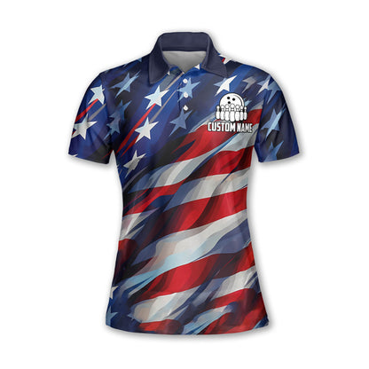 Custom American Flag Bowling Polo Shirt For Women, Custom Strike Patriotic Bowling Team Shirts Ladies BW0146