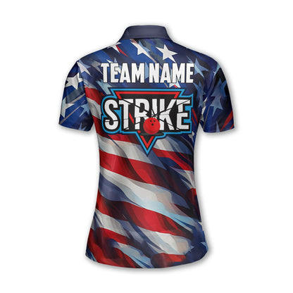 Custom American Flag Bowling Polo Shirt For Women, Custom Strike Patriotic Bowling Team Shirts Ladies BW0146