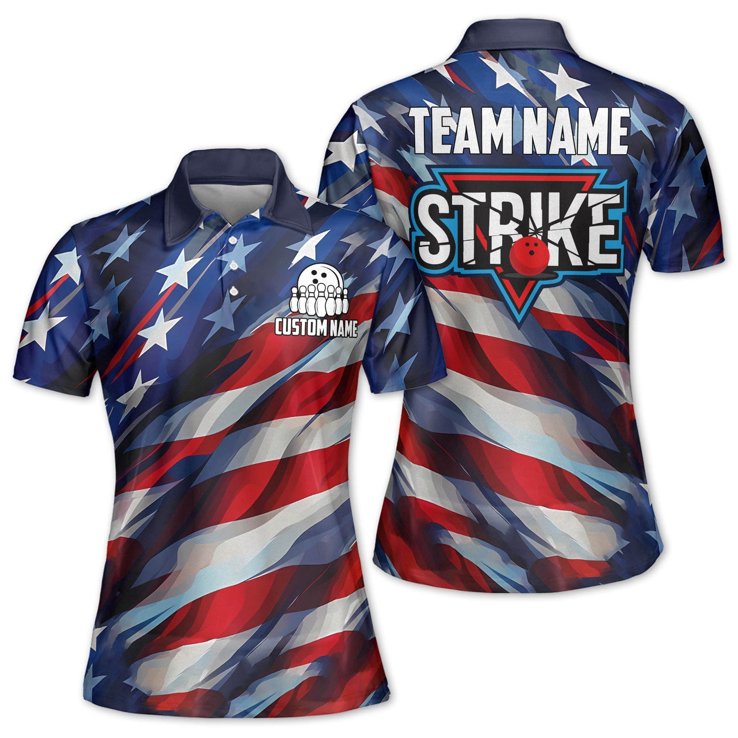 Custom American Flag Bowling Polo Shirt For Women, Custom Strike Patriotic Bowling Team Shirts Ladies BW0146