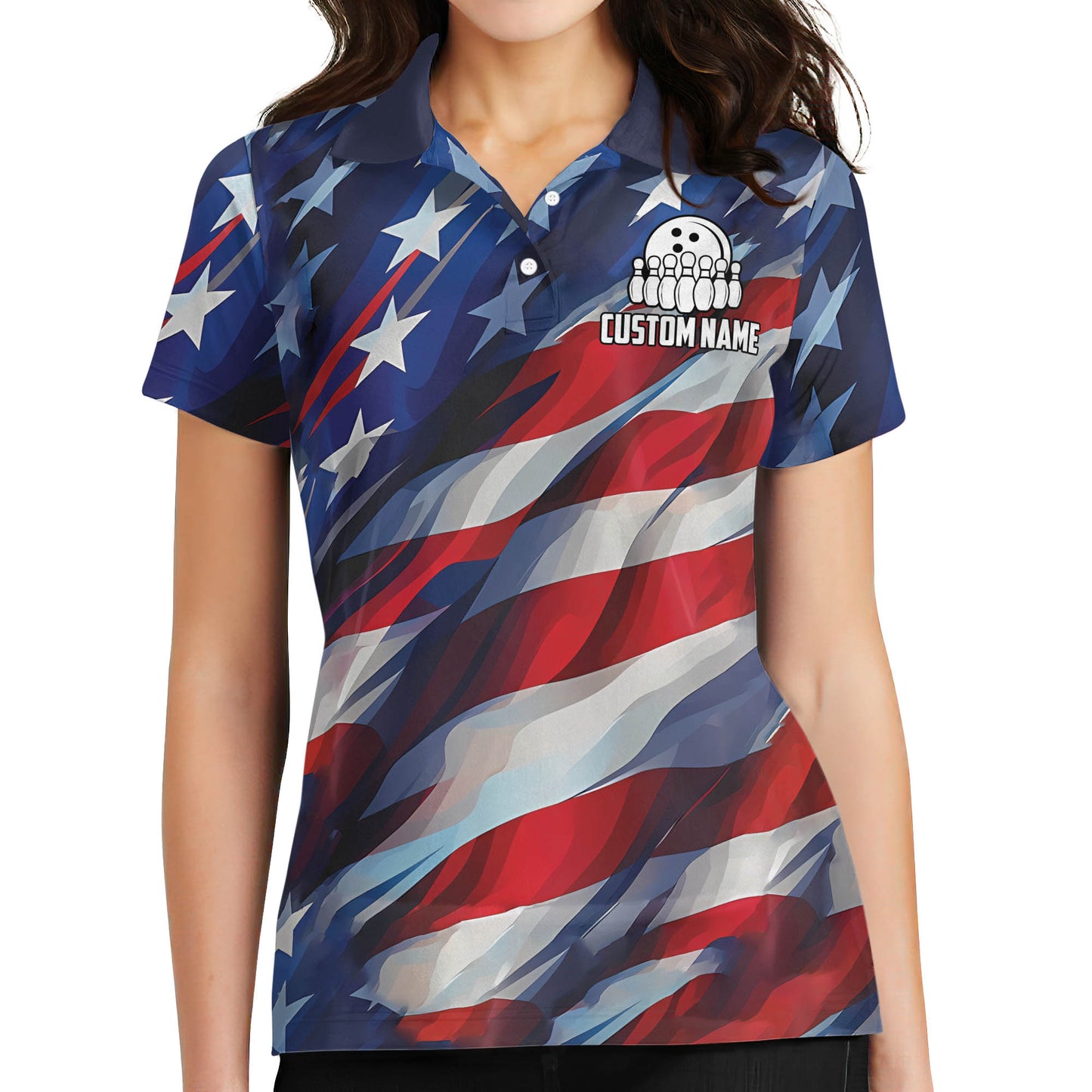 Custom American Flag Bowling Polo Shirt For Women, Custom Strike Patriotic Bowling Team Shirts Ladies BW0146