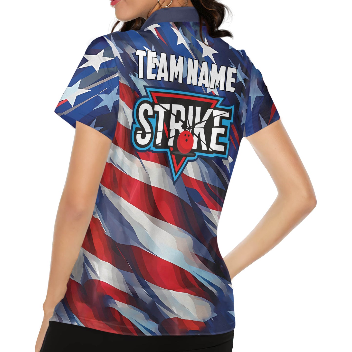 Custom American Flag Bowling Polo Shirt For Women, Custom Strike Patriotic Bowling Team Shirts Ladies BW0146