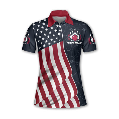 Custom American Flag Bowling Polo Shirt For Women, Custom Women's Patriotic Bowling Team Shirts BZ0051