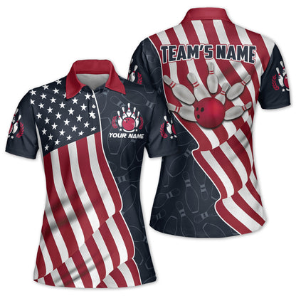 Custom American Flag Bowling Polo Shirt For Women, Custom Women's Patriotic Bowling Team Shirts BZ0051