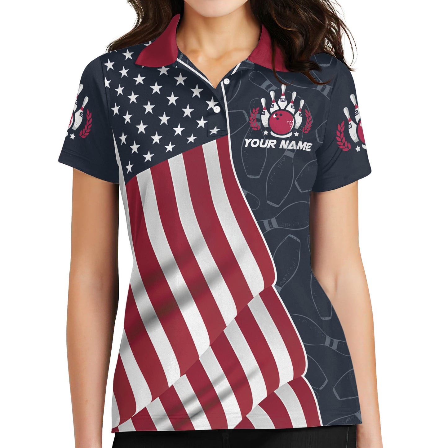 Custom American Flag Bowling Polo Shirt For Women, Custom Women's Patriotic Bowling Team Shirts BZ0051