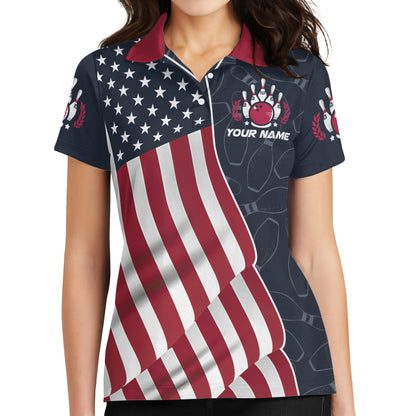 Custom American Flag Bowling Polo Shirt For Women, Custom Women's Patriotic Bowling Team Shirts BZ0051