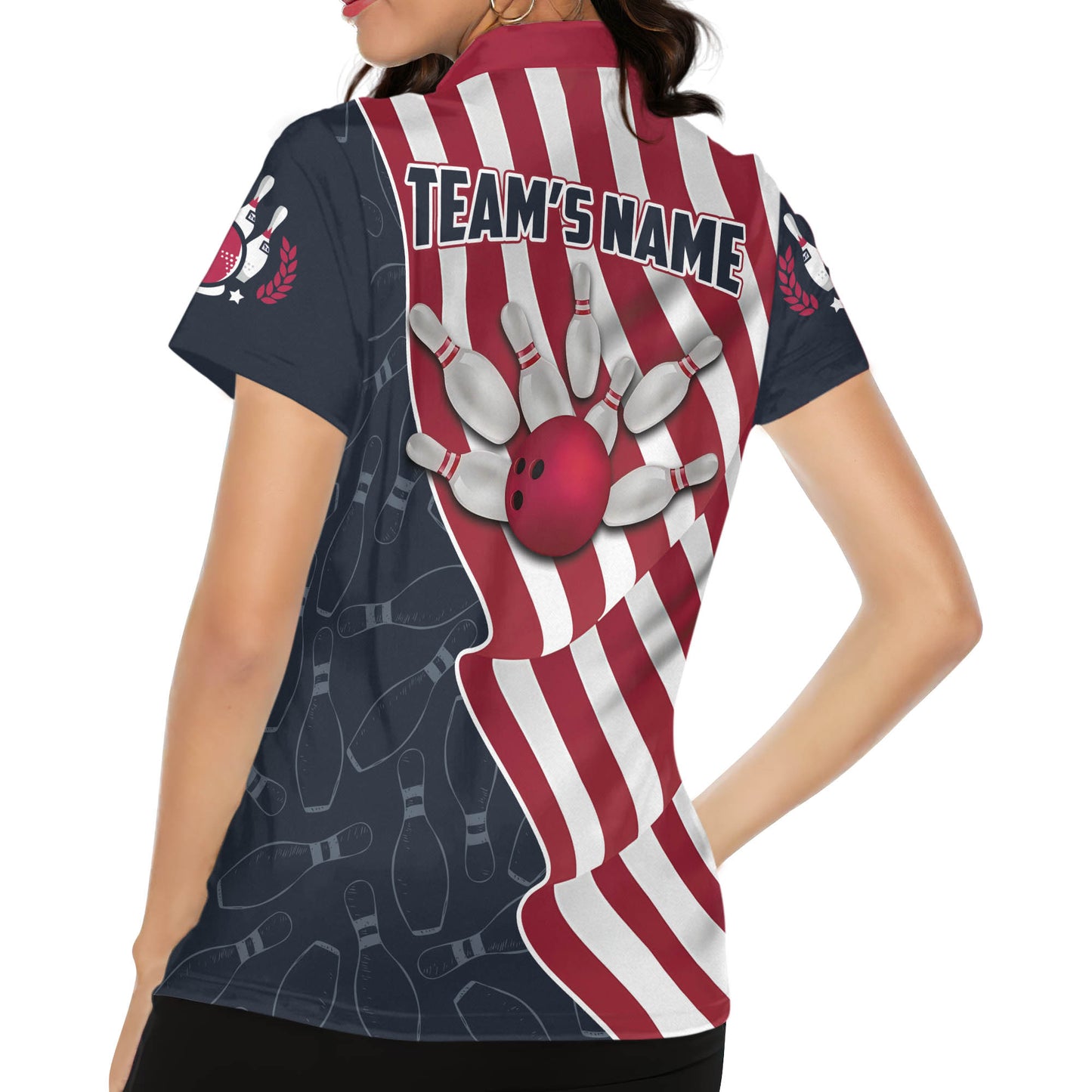 Custom American Flag Bowling Polo Shirt For Women, Custom Women's Patriotic Bowling Team Shirts BZ0051