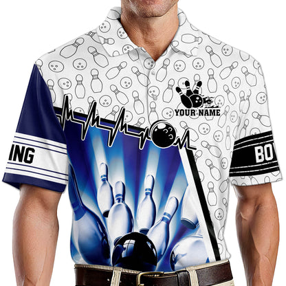 Custom Blue And White Bowling Polo Shirt For Men, Custom Bowling Shirt BZ0057