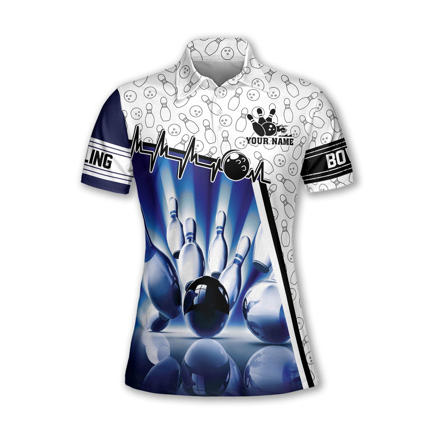 Custom Women's Bowling Shirts, Custom Blue And White Bowling Polo Shirt For Women BW0143