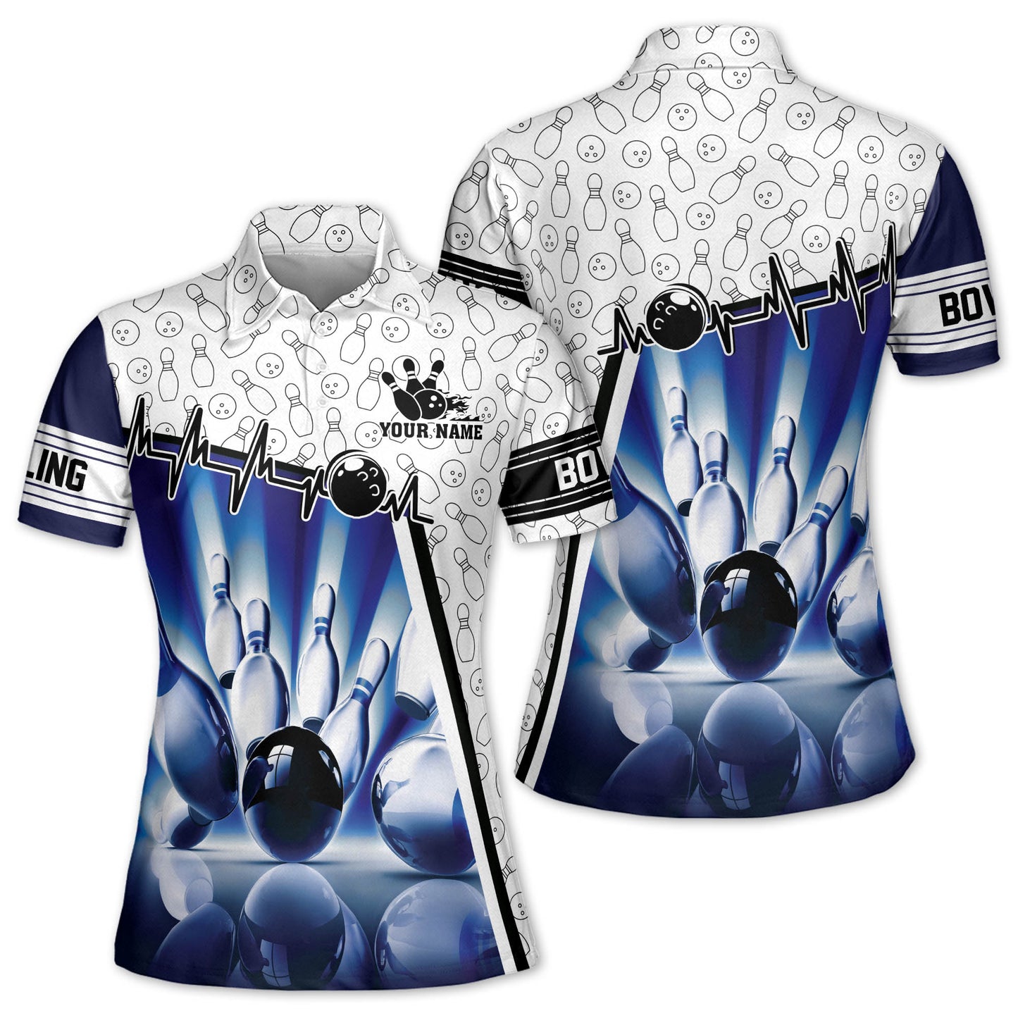 Custom Women's Bowling Shirts, Custom Blue And White Bowling Polo Shirt For Women BW0143