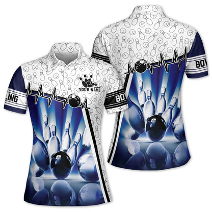 Custom Women's Bowling Shirts, Custom Blue And White Bowling Polo Shirt For Women BW0143