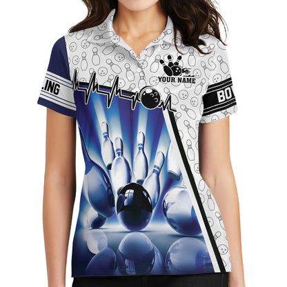 Custom Women's Bowling Shirts, Custom Blue And White Bowling Polo Shirt For Women BW0143