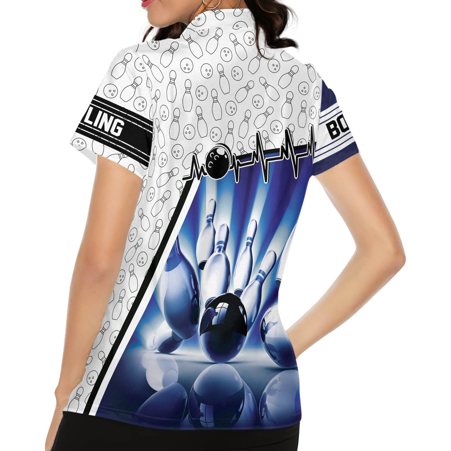 Custom Women's Bowling Shirts, Custom Blue And White Bowling Polo Shirt For Women BW0143