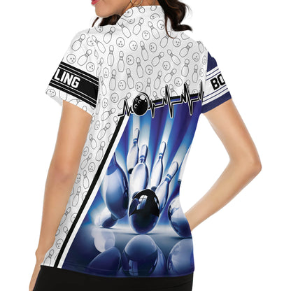 Custom Women's Bowling Shirts, Custom Blue And White Bowling Polo Shirt For Women BW0143