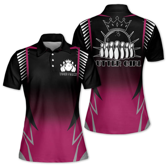 Custom Gutter Girl Bowling Polo Shirt For Women, Custom Black And Pink Funny Women's Bowling Shirt BZ0059