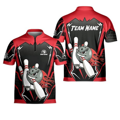 Custom Team Black And Red Bowling Jersey Shirt For Men Women, Custom Team Ball Flame Bowling Shirt BZ0042