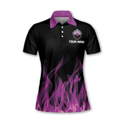 Custom Purple Flame Bowling Polo Shirt For Women, Custom Flame Bowling Team Shirts Women BW0151