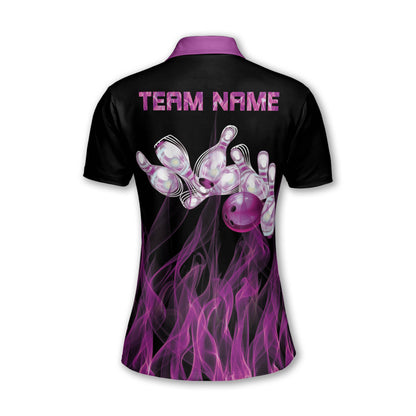 Custom Purple Flame Bowling Polo Shirt For Women, Custom Flame Bowling Team Shirts Women BW0151