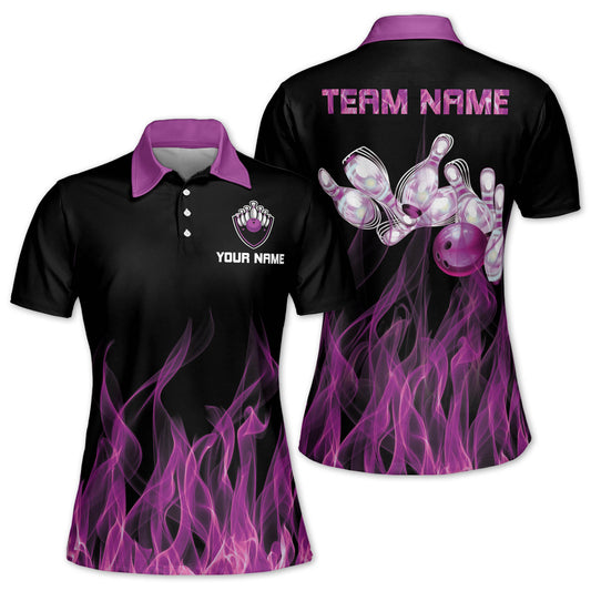 Custom Purple Flame Bowling Polo Shirt For Women, Custom Flame Bowling Team Shirts Women BW0151