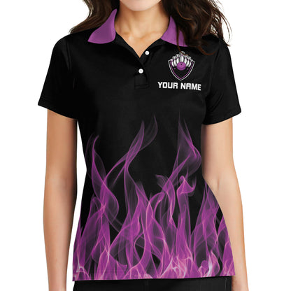 Custom Purple Flame Bowling Polo Shirt For Women, Custom Flame Bowling Team Shirts Women BW0151