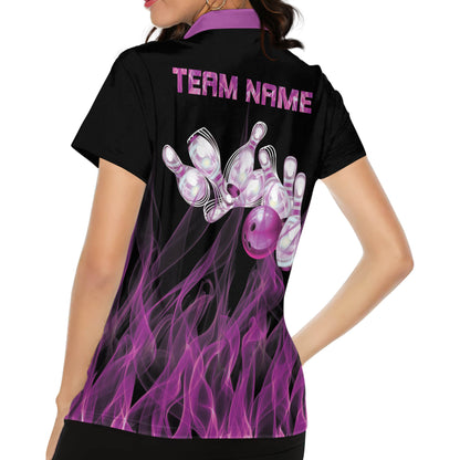 Custom Purple Flame Bowling Polo Shirt For Women, Custom Flame Bowling Team Shirts Women BW0151