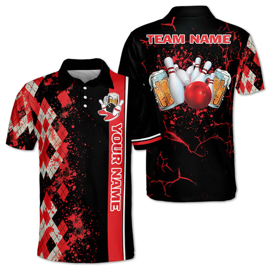 Custom Beer Bowling Polo Shirt For Men, Custom Black And Red Beer Bowling Team Shirts BZ0094