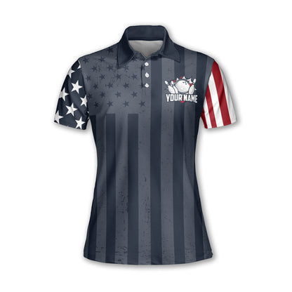 Custom American Flag Bowling Polo Shirt For Women, Custom Team Patriotic Bowling Shirt Womens BZ0095