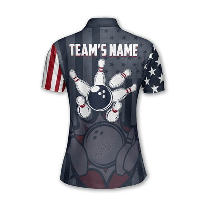 Custom American Flag Bowling Polo Shirt For Women, Custom Team Patriotic Bowling Shirt Womens BZ0095