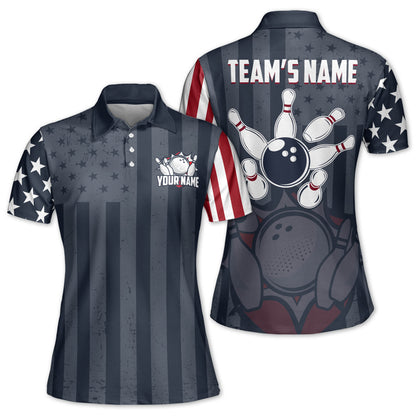 Custom American Flag Bowling Polo Shirt For Women, Custom Team Patriotic Bowling Shirt Womens BZ0095