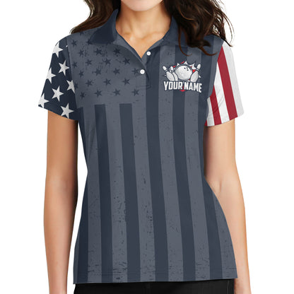 Custom American Flag Bowling Polo Shirt For Women, Custom Team Patriotic Bowling Shirt Womens BZ0095