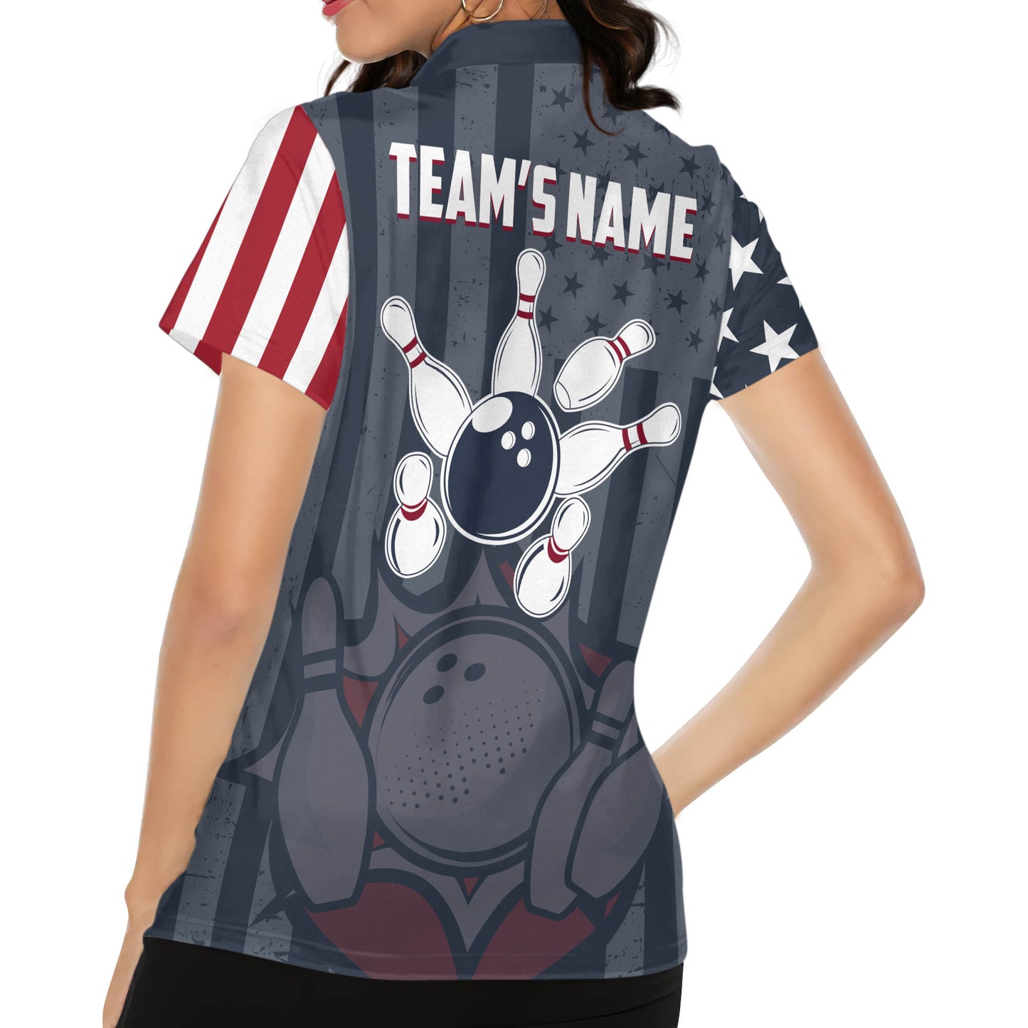 Custom American Flag Bowling Polo Shirt For Women, Custom Team Patriotic Bowling Shirt Womens BZ0095